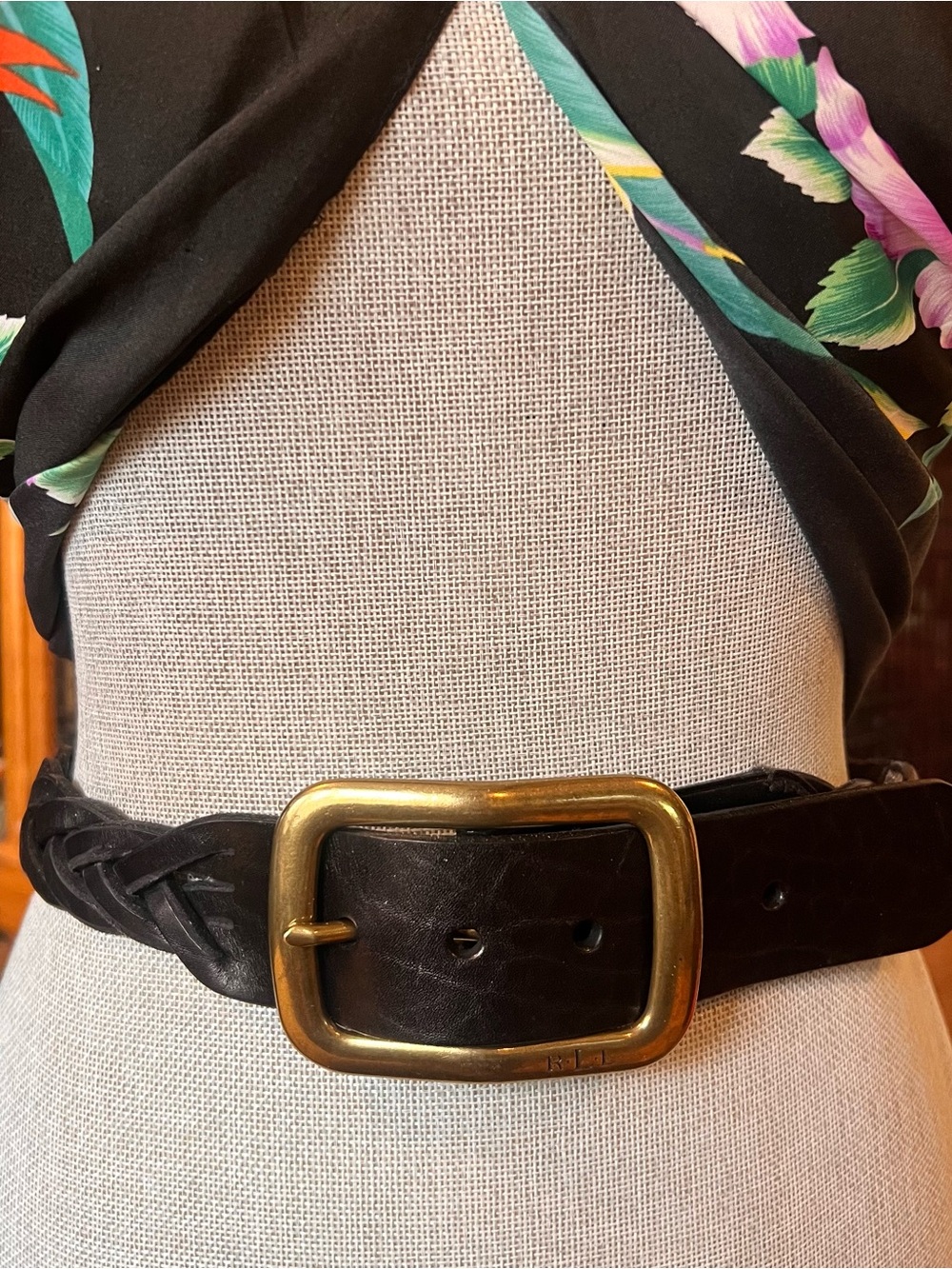 Ralph Lauren LAUREN black braided leather belt brass buckle size small